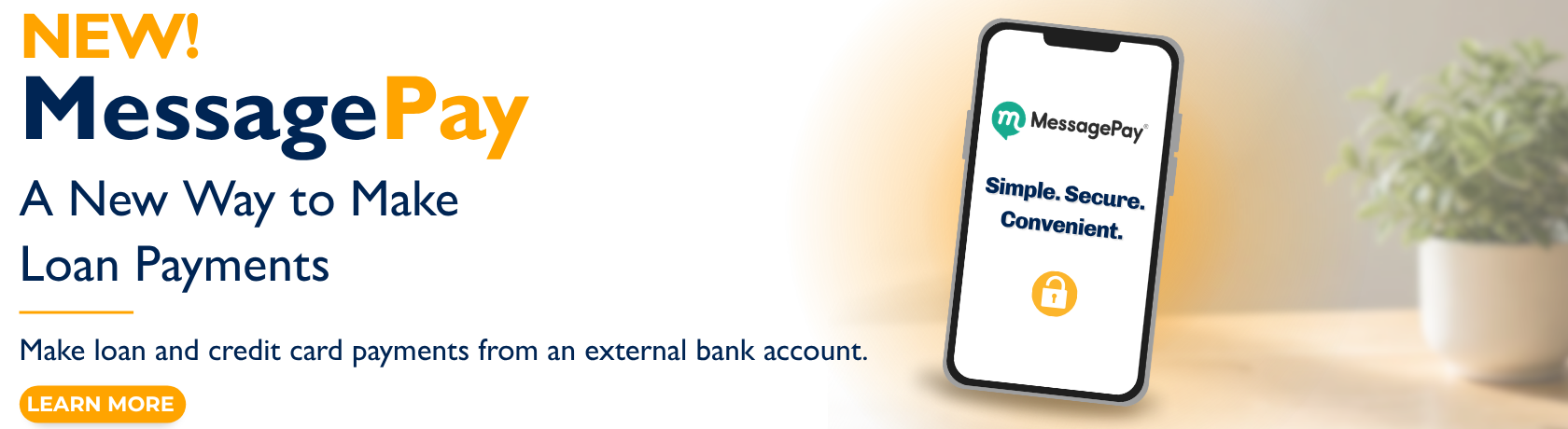 New!
MessagePay
A new way to make loan payments
Make loan and credit card payments from an external bank account.
Learn More